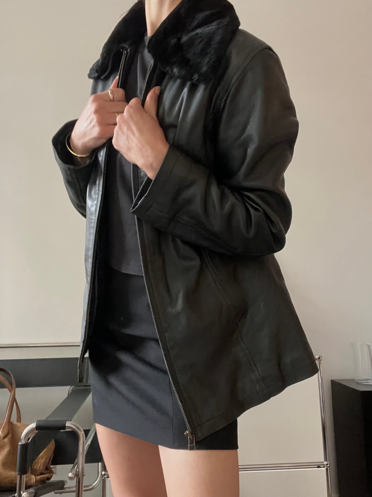 LEATHER JACKET WITH FAUX FUR COLLAR