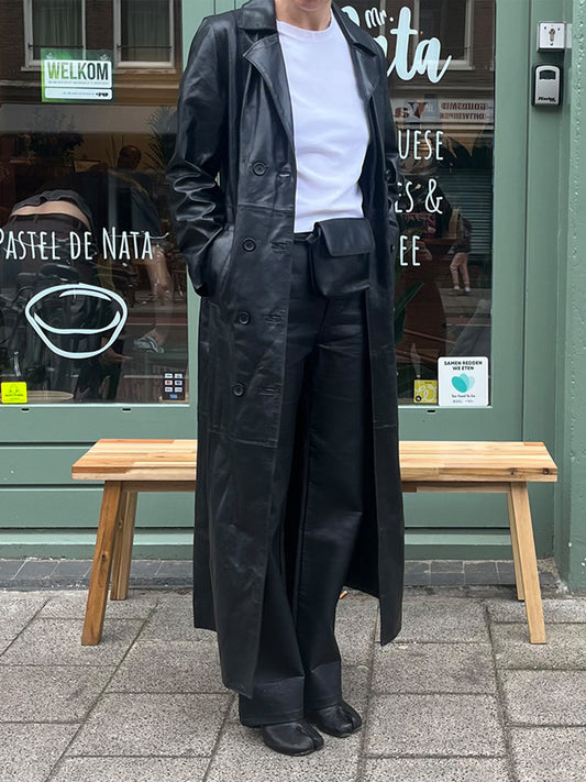 BLACK LEATHER LONG TRENCH COAT