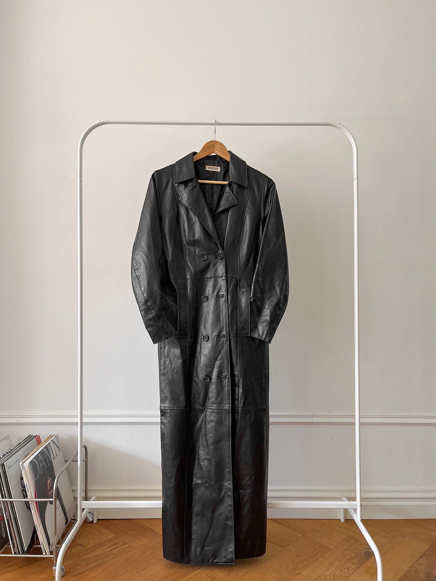 BLACK LEATHER LONG TRENCH COAT