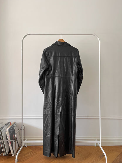 BLACK LEATHER LONG TRENCH COAT