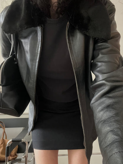 LEATHER JACKET WITH FAUX FUR COLLAR