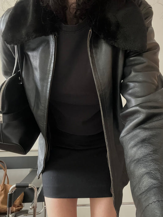 LEATHER JACKET WITH FAUX FUR COLLAR